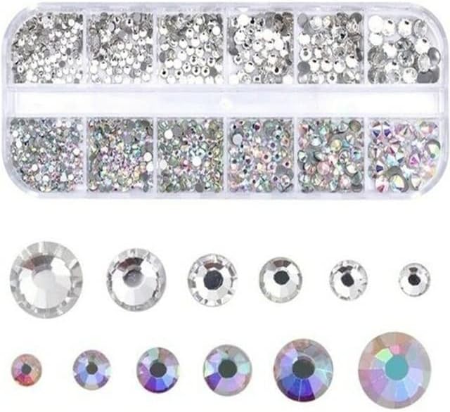 12 Поясков 3D Кристали за Дизайн на ноктите, Цветни Crystal AB Грешни Скъпоценни Камъни Смесен Размер Flatback