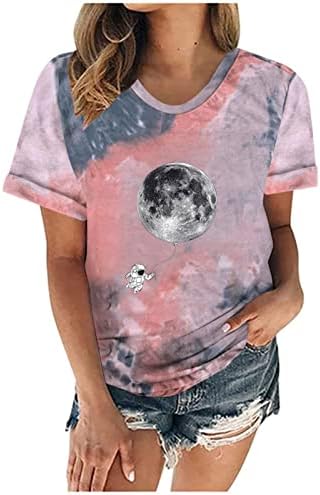 Дамска Лятна Тениска с принтом на Слънцето и Луната, Топ с къс ръкав и кръгло деколте, Ежедневни Забавна тениска с Космонавт, Хубава Тениска За Момичета