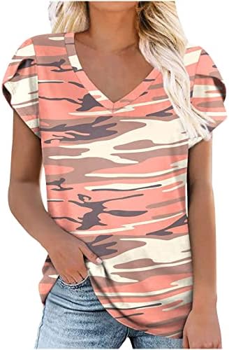 Дамски Памучен Тениска Свободно Намаляване с Дълбоко V-образно деколте и Графичен Дизайн, Блуза за Почивка, Риза за Дами, Есента-Лято, 3H 3H