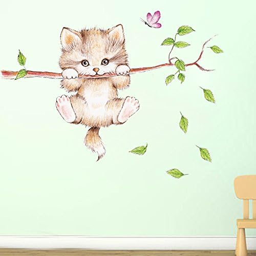 Amaonm Cartoony Сладък Котка На Клоните На Дърво Стикери За стени Подвижна Коте Стикери За Стена Декор За Спалнята