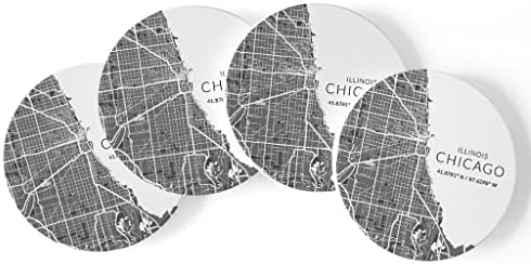 Минималистичная карта Чикаго, Joyride Home Décor 4 Керамични подложки, 4-инчов кръгли поставки за напитки, комплект