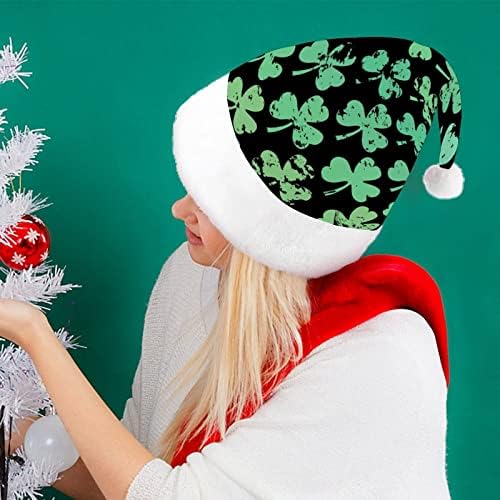 Ретро Зелена Детелина Шаблон Забавна Коледна Шапка на Дядо Коледа Шапки и Къси Плюшени с Бели Ръкавели за Коледното