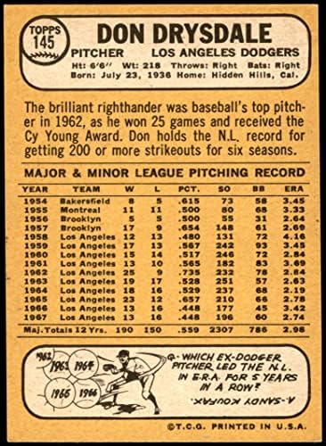 1968 Topps 145 Дон Драйсдейл Лос Анджелис Доджърс (Бейзбол карта) EX/MT Dodgers