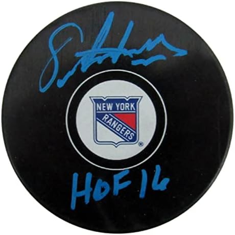 Хокейна шайба с логото на Ерика Линдроса ХОФА /Inscr New York Rangers JSA 166992 - за Миене на НХЛ с автограф