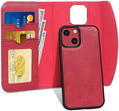 Fyi, разработена за iPhone 13 Mini 5G Case, [Поддръжка за зареждане Magsafe] 2-в-1 на Магнитен свалящ-портфейл за телефон с притежателя на картата, Защитен калъф за iPhone 13 Mini 5G 5,4 Черве?