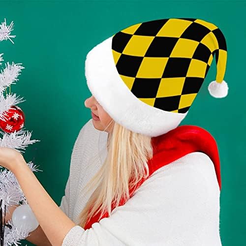 Жълта и Черна Коледна Шапка с Ромбовидным Модел, Шапки на Дядо Коледа, Къси Плюшени Шапки с Бели Ръкавели за