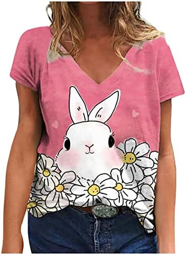 Великденски Ризи за Жени, Тениски с изображение на Заек, Сладка Тениска с Изображение на Заек, Летни Ежедневни Ризи с V-образно деколте и Къс Ръкав