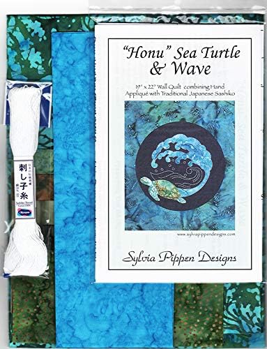 Плат Sashiko - Honu Sea Turtle & Wave - Набор от тъкани на Силвия Pippen Sashiko с предварително принтом - Японска