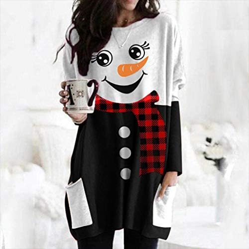 MtsDJSKF Коледна Дълга Hoody за Жени, Пуловер с Принтом снежни човеци, Тениски Свободно Намаляване с Кръгло