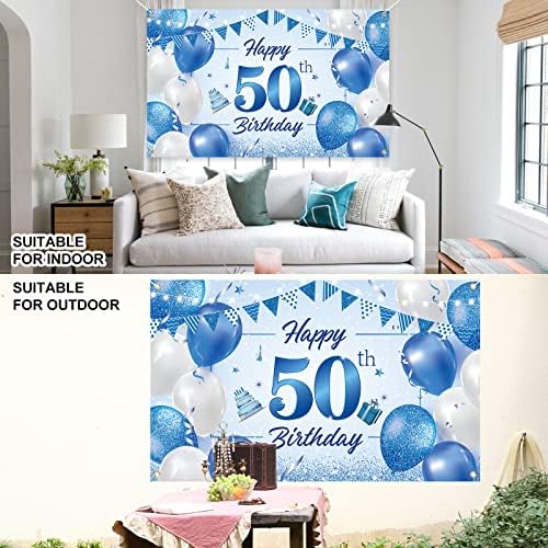 на фона на банер на 50-ия ден от раждането, BTZO Happy 50th Birthday Decorations, Синьо-Бял Текстилен Фон за