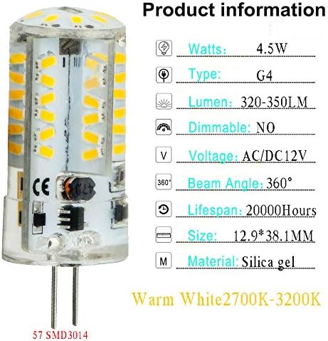 Led лампа без трептене G4 4,5 W, Двухконтактное основа, Топло бяла светлина 2700K, AC/DC 12v, Еквивалентна замяна на халогенни 40 Вата, Без регулиране на яркостта, SMD3014, за озелен?