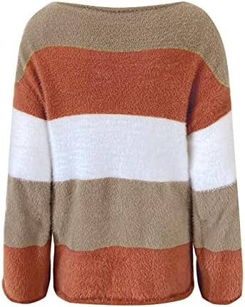 BEUU Дамски Пуловери с Цветен Блок, Пухкави Пуловери, Големи Шарени Кръгъл Отвор, Без Вязаный Пухкав Пуловер,