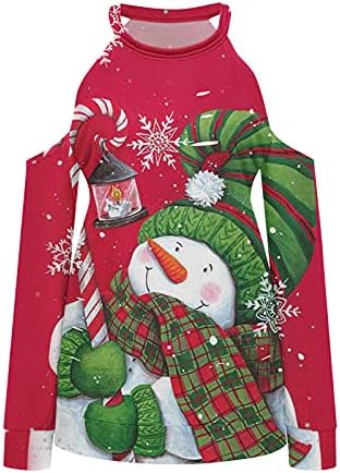 Дамски Коледни Свободни Блузи с открити рамене, Оглавник На врата, Издълбани Ризи С дълъг ръкав, Тениска с Изображение