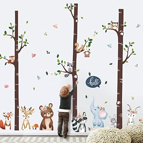 decalmile Голямо горско дърво Стикери за стена Комплект с цветя, Животни Стикери за стена Детска Детска спалня