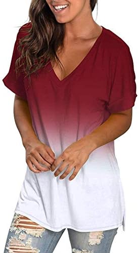 Ризи за жени с V образно деколте, градиент боя за равенство, летни блузи, свободна туника с къс ръкав и цветен