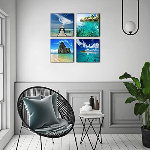 Стенен Художествени Картини с Естествен Морски Пейзаж Син цвят, 4 Панела, Плажно Място Мечти, Интериор на Крайбрежните