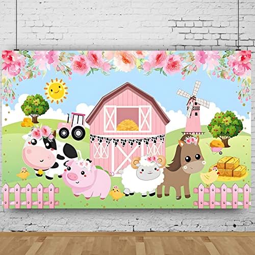 HOTIYOK 7x5ft Пролетта Фон с животните на Фермата, Розово Цвете, на Фона на врати Ферма на Бараката, за Парти