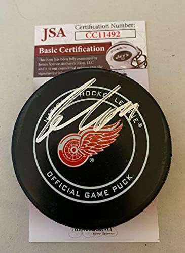 Филип Задина подписал Официалната игра на шайбата на Детройт Ред Уингс с автограф от JSA - Autograph NHL Pucks
