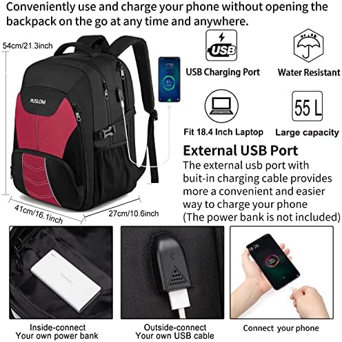 Мъжки раница за лаптоп PUSLOM Extra Large, 55 л, Водоустойчив 18,4-инчов чанти за големите бизнес преносими