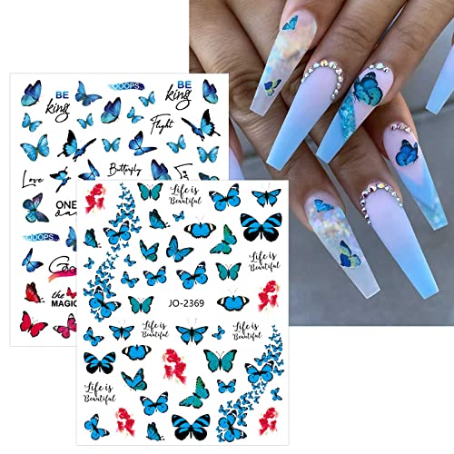 JMEOWIO 12 Листа Стикери за Дизайн на ноктите с Пеперуди, Стикери, Самозалепващи Pegatinas Uñas, Пролет-Сини,