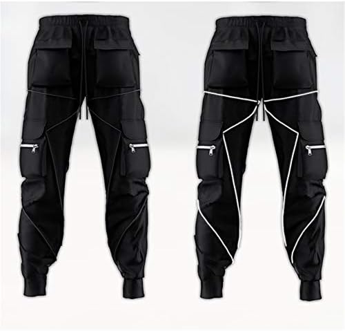 Andongnywell Мъжки Панталони с еластичен ластик на талията и завязками, Мъжки Тела С Множество Джобове, Преки
