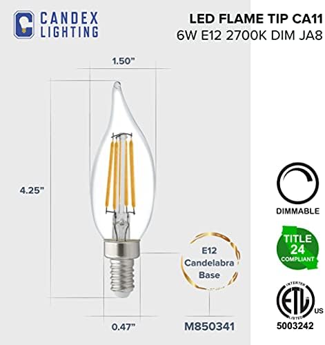 Лампа Candex Antique Dimmable CA11 Flame, еквивалентна на 60 W, с цокъл под формата на канделябра E12, отговаря